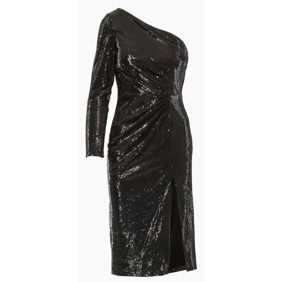 Mac Duggal Ieena Sequined One-Shoulder Midi-Dress in Black NWT Size 4 - Picture 1 of 7